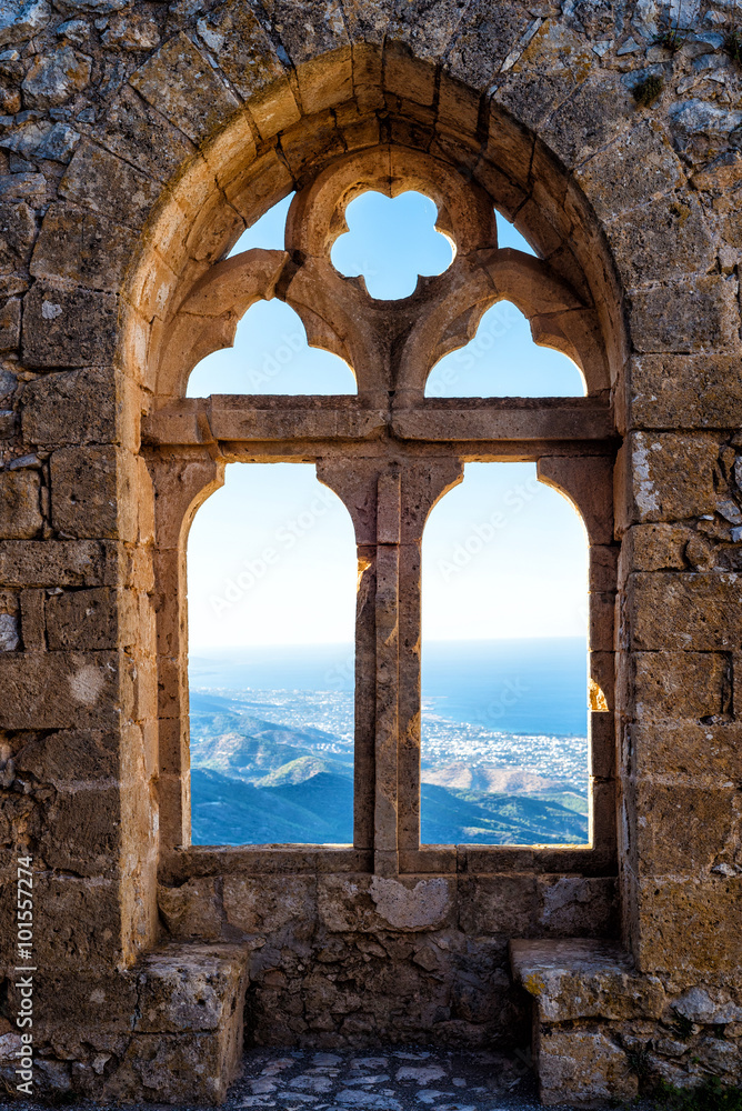 Gothic window with a mountain view