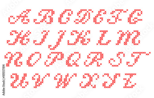 Konstfotografi Cross Stitched Fonts. Latin alphabet for embroidery. Set Cyrilli