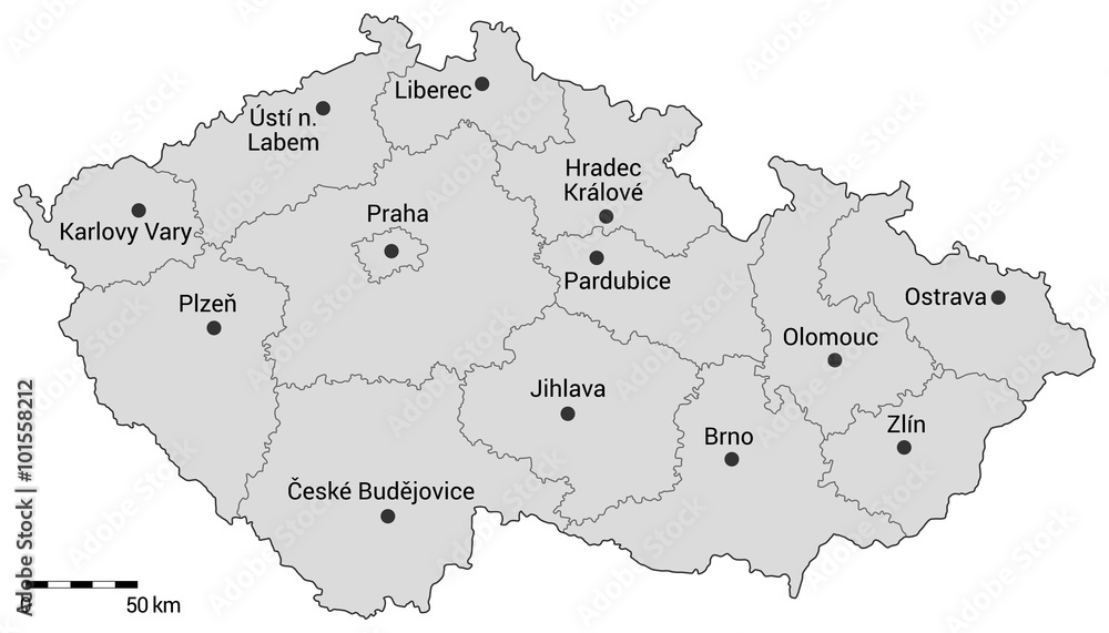 Czech republic administrative map. Regions, capital city and regional cities on the map with scale.