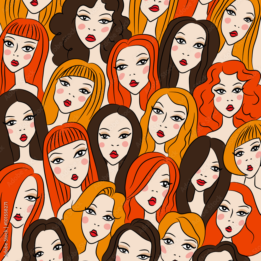 Crowd of women faces. Vector illustration. Hand drawn colorful illustration of young pretty women.