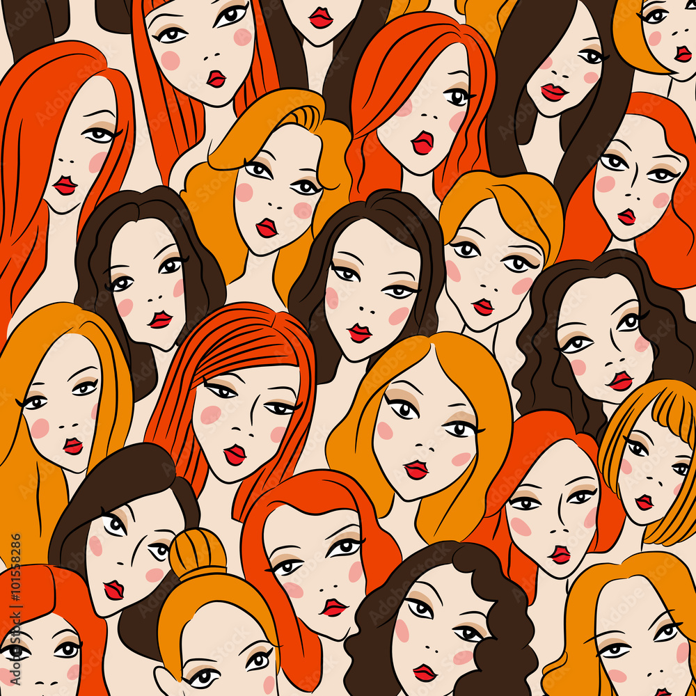 Crowd of women faces. Vector illustration. Hand drawn colorful illustration of young pretty women. Crowd of women faces. Vector illustration. Hand drawn colorful illustration of young pretty women.