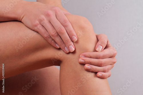 Woman with knee pain close up. Pain relief concept