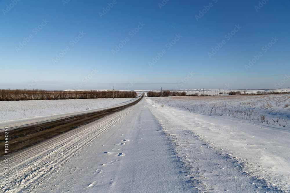 Winter road among snowy fields