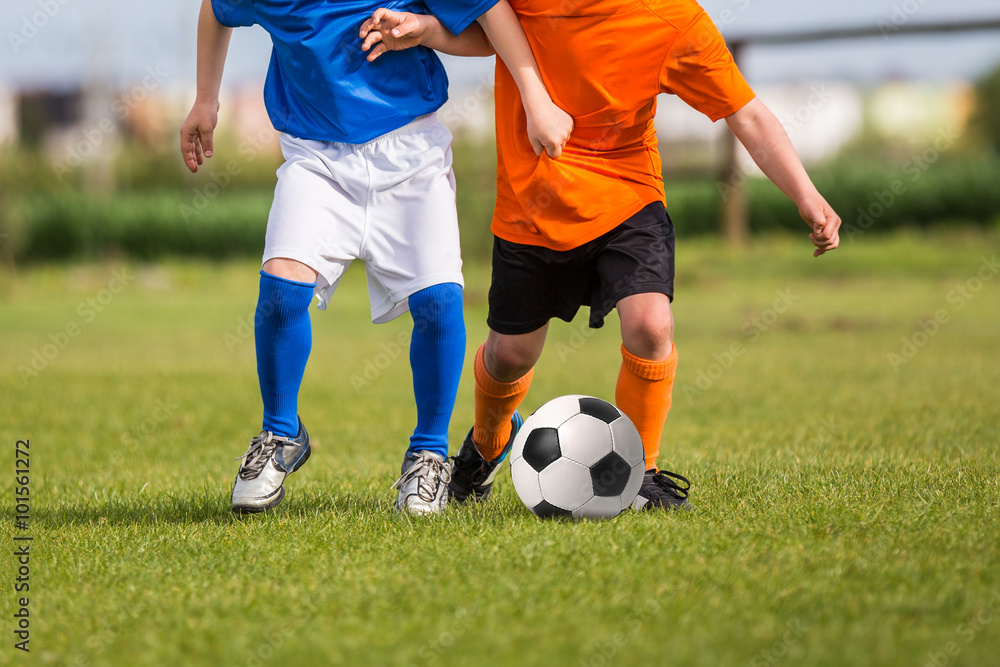 Children Kicking Soccer Football Ball on a Sports Field Children Kicking Soccer Football Ball on a Sports Field