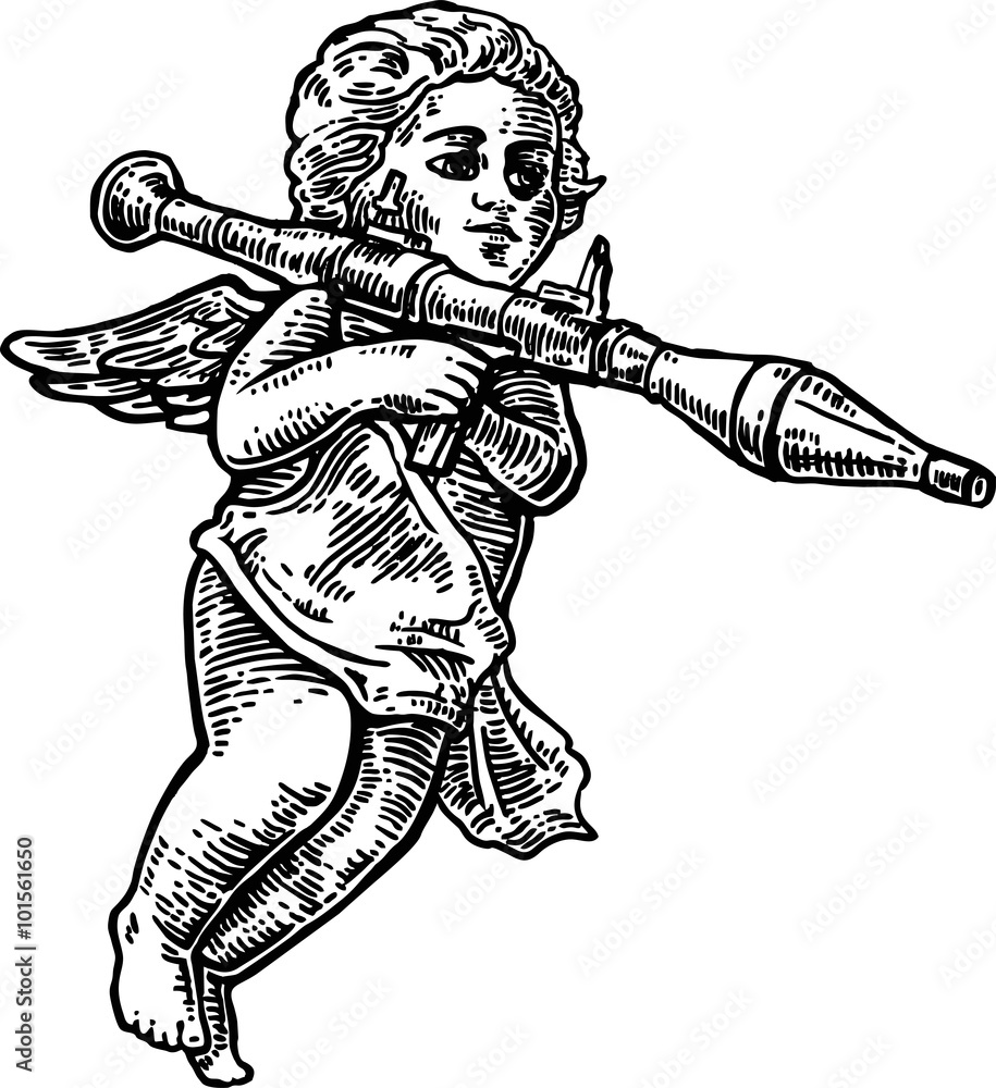 Ταπετσαρία Angel with a grenade launcher. Vintage lettering.