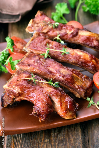Roasted pork ribs on plate