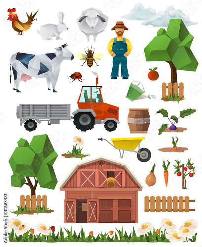 Farm, low poly set of vector icons