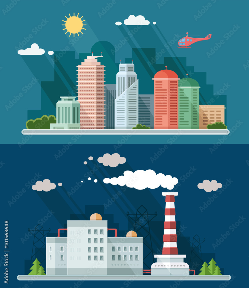 Obraz premium Set of flat design. Urban landscape illustrations including down