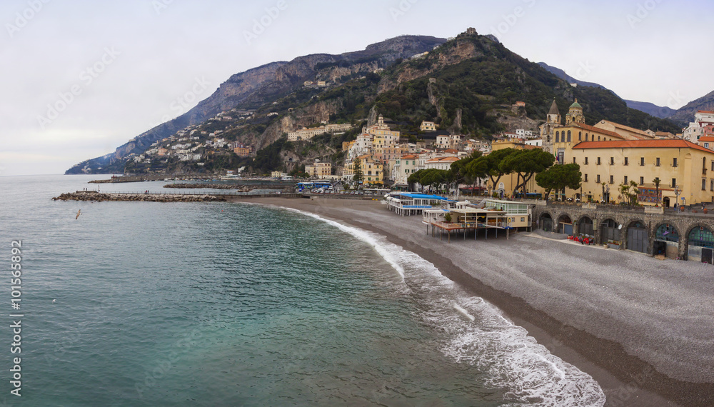 Panoramic view of Amalfi seacoast in winter, Italy