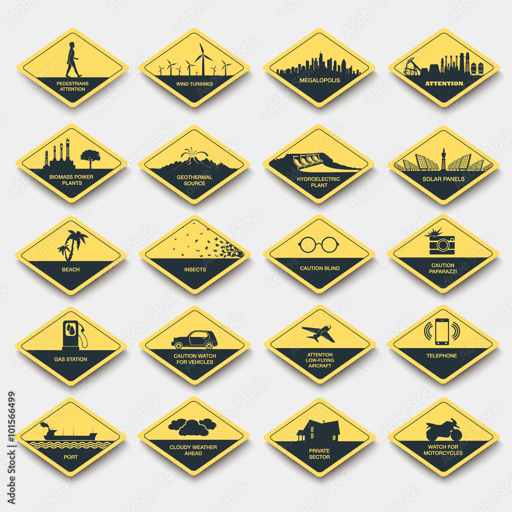 set of signs of attention, caution and danger set of signs of attention, caution and danger