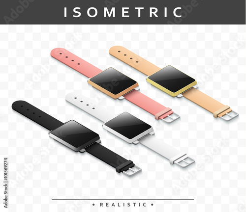 Set of realistic multicolored smart watch in isometric. Isolated clock 