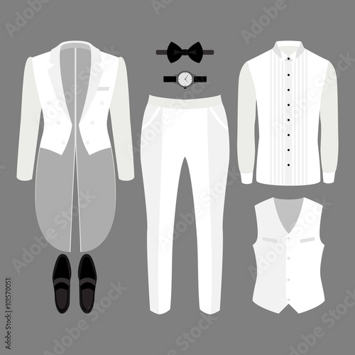 Set of trendy men's clothes. Outfit of man tail-coat, vest, pants, shirt and accessories. Men's wardrobe. Vector illustration