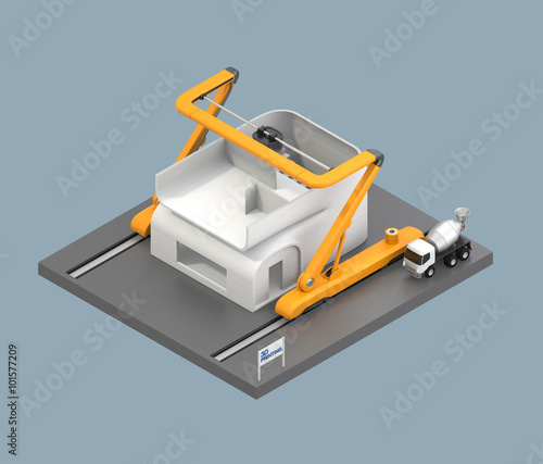 3D printer printing house on light blue background. Clipping path available.