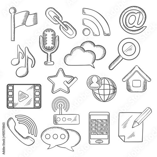 Multimedia and communication sketched icons