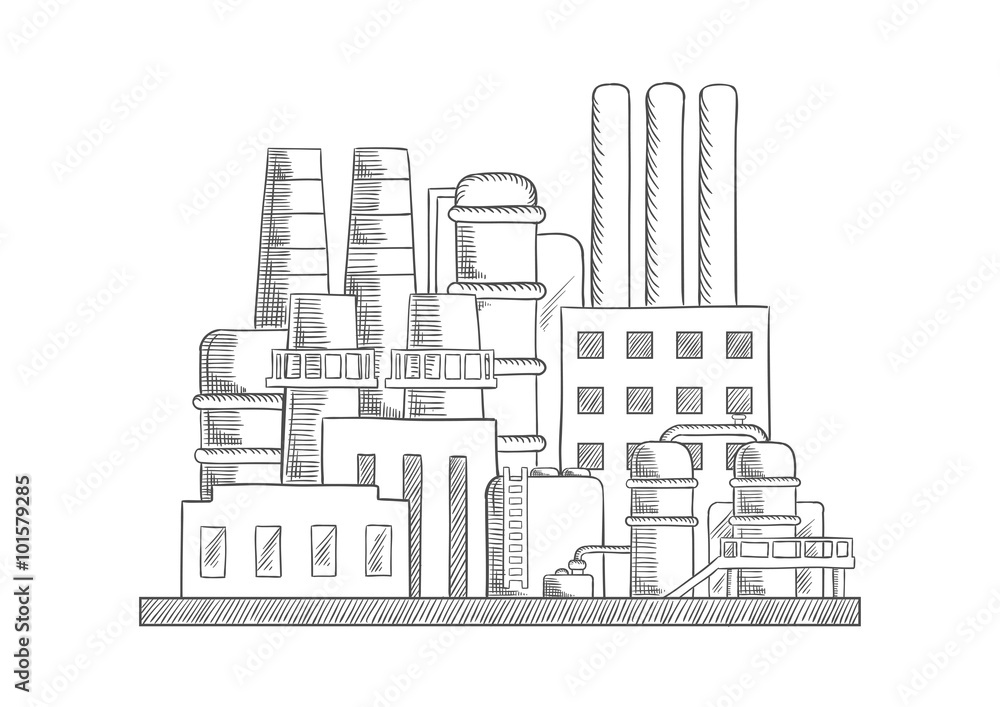 Industrial refinery factory vector sketch Industrial refinery factory vector sketch