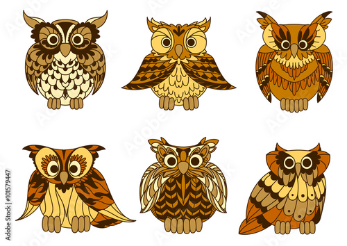Great horned owls with mottled brown plumage