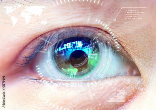 Close up women eye scanning technology in the futuristic, operat photo