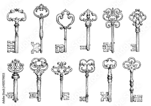 Vintage keys sketches with swirl forging