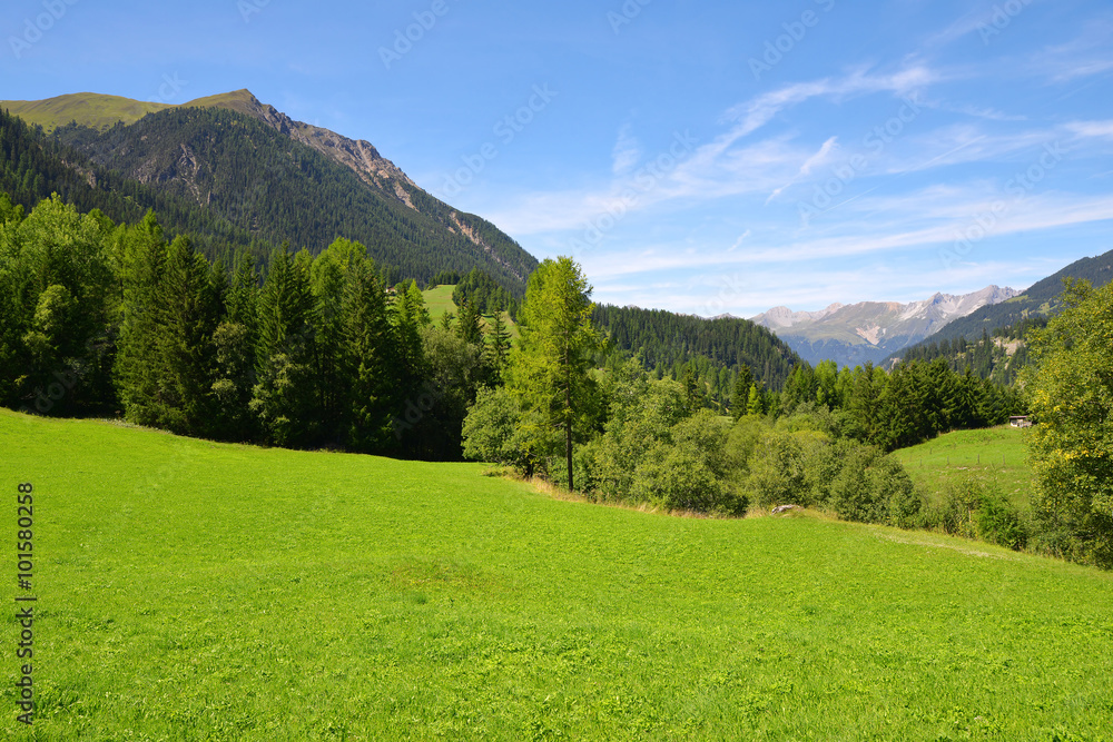 Beautiful Alpine landscape with mountain range. Canton Graubunden, Switzerland