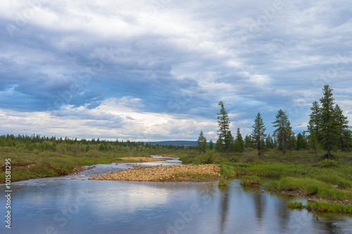 Summer landscape with river, forest and sky 