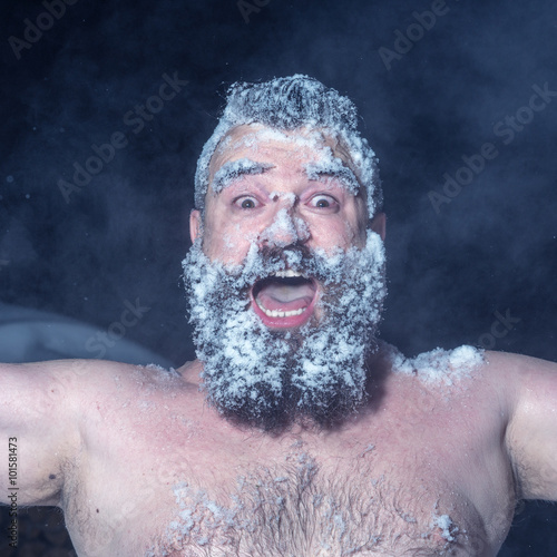 Crazy Russian man ran out of the bath in the snow