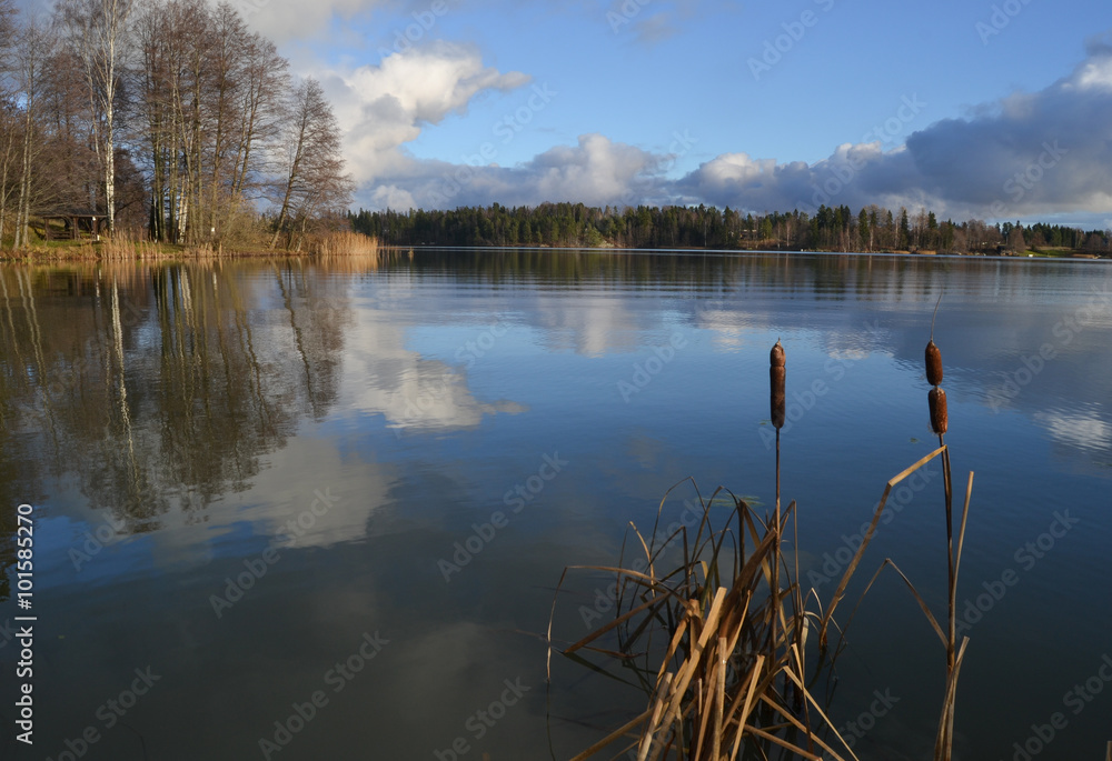 Calm lake in autumn day in Northern Finland