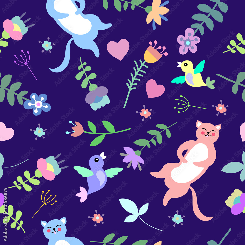 Seamless cute beautiful pattern with cats and flowers. Textile, background, texture