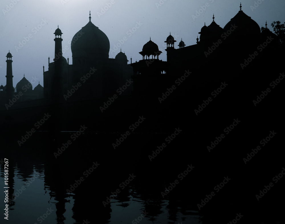 Sunset Silhouette Grand Taj Mahal Tourist Attraction Concept