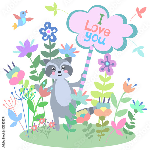 Cute raccoon with flower background and plate with empty space for text. Greeting card, invitation, wedding, Valentines Day