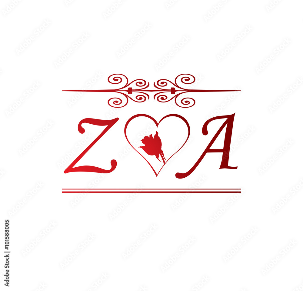 ZA love initial with red heart and rose Stock Vector | Adobe Stock