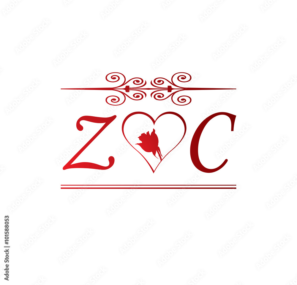 ZC love initial with red heart and rose Stock Vector | Adobe Stock
