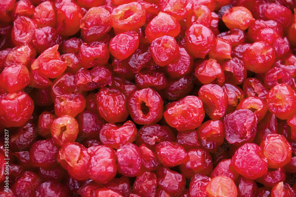 Berries of dogwood in sweet syrup at farmers market stall. Berries of dogwood in sweet syrup at farmers market stall.