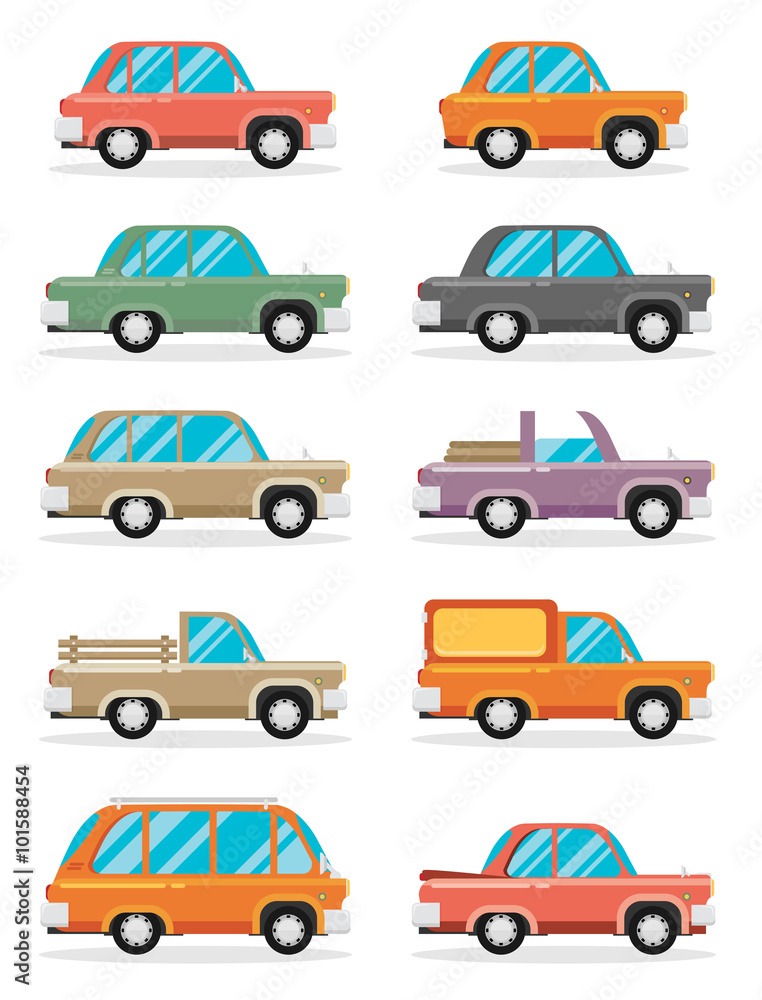 set of vintage cars, vector flat style