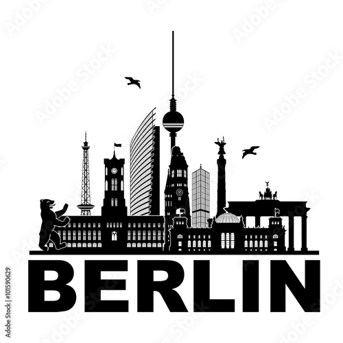 Berlin Umriss Spiegelung Sehenwürdigkeiten Stadtansicht Kullisse Hintergrund Poster Spree Bär Brandenburger Tor Gedächtniskirche Rathaus Fernseturm Reichstag