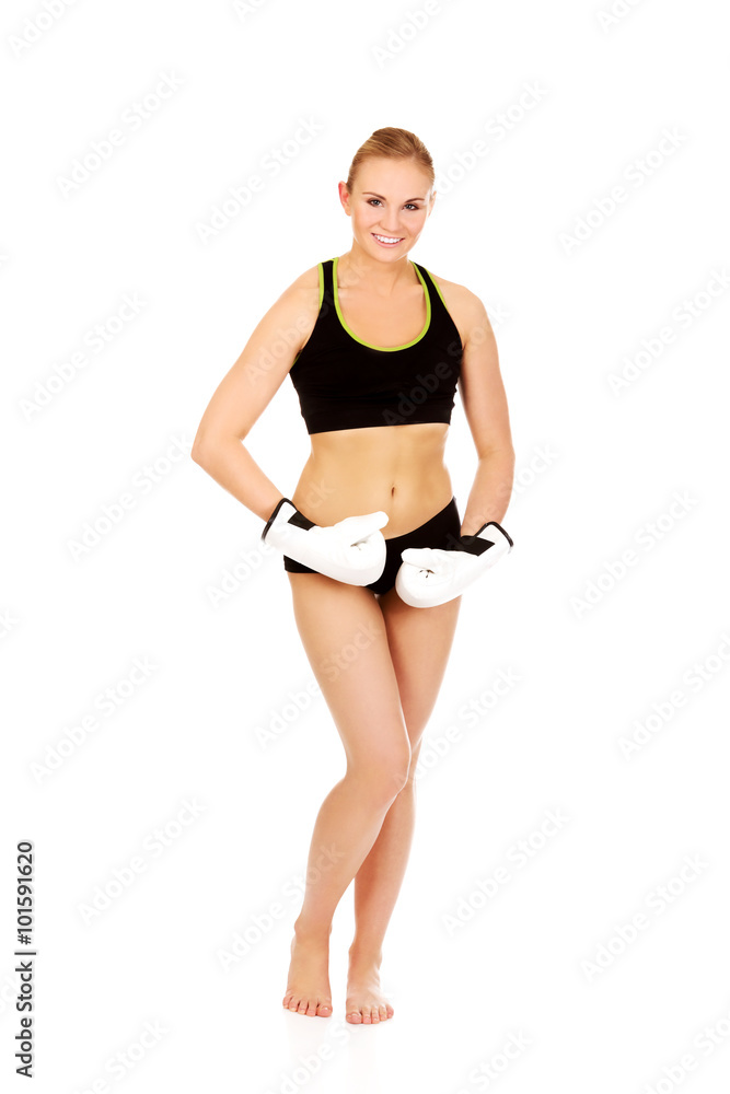 Boxing fitness woman wearing white boxing gloves Boxing fitness woman wearing white boxing gloves