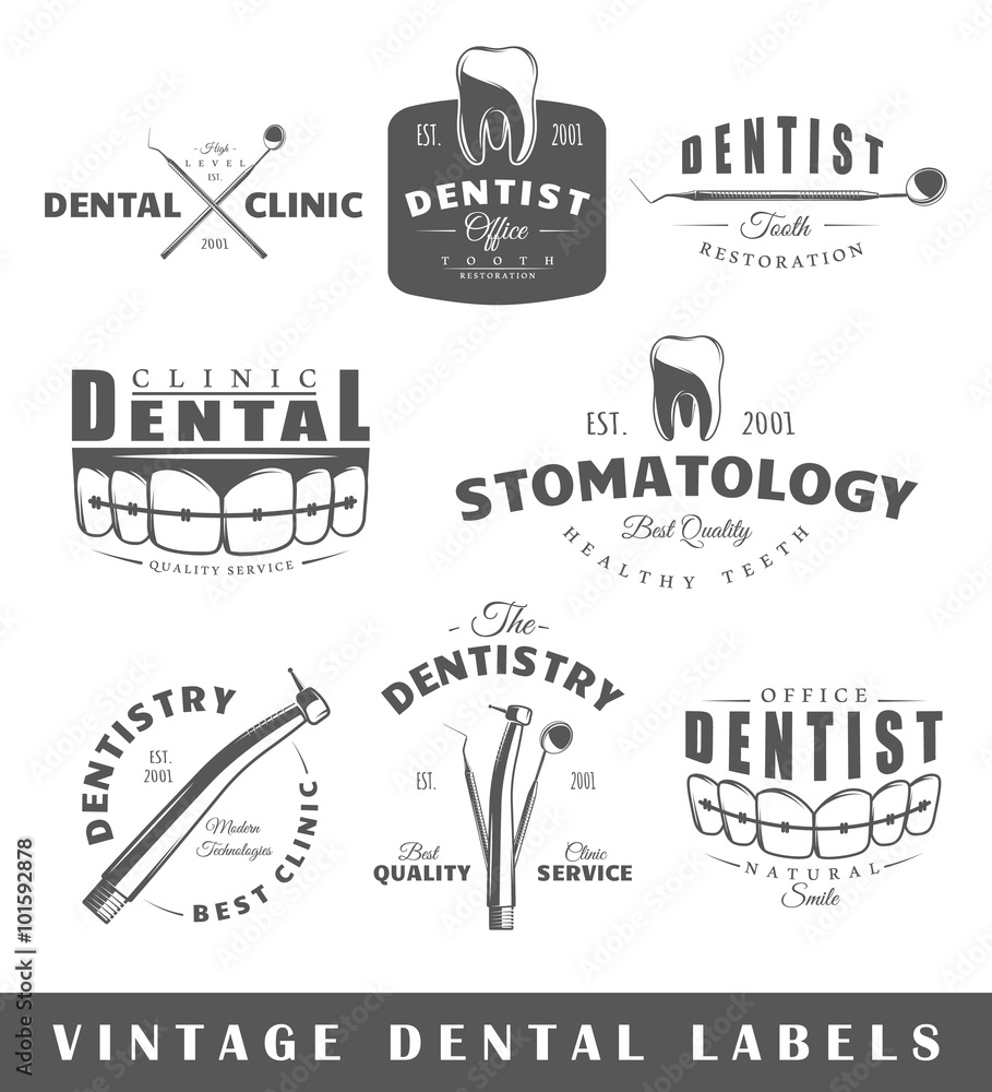 Set of dentist labels. Elements for design on the dentist theme. Collection of dentist symbols