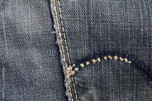 Blue jeans sewing line of closeup texture.