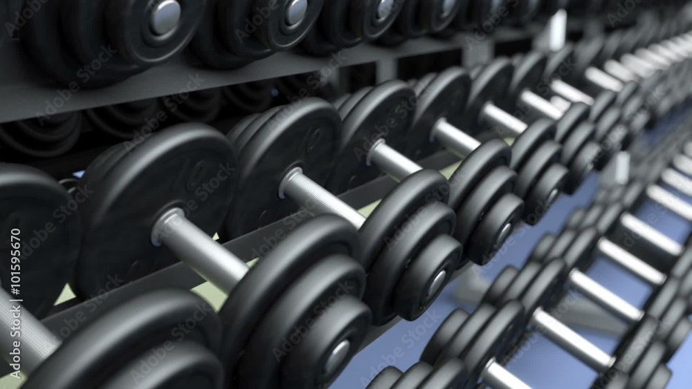 Rows of dumbbells on a rack, depth of field, seamless loop Rows of dumbbells on a rack, depth of field, seamless loop