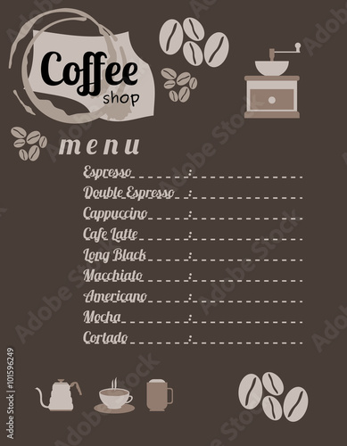 Editable Coffee Shop Menu with Brewing Equipment and Beans Vector Illustration