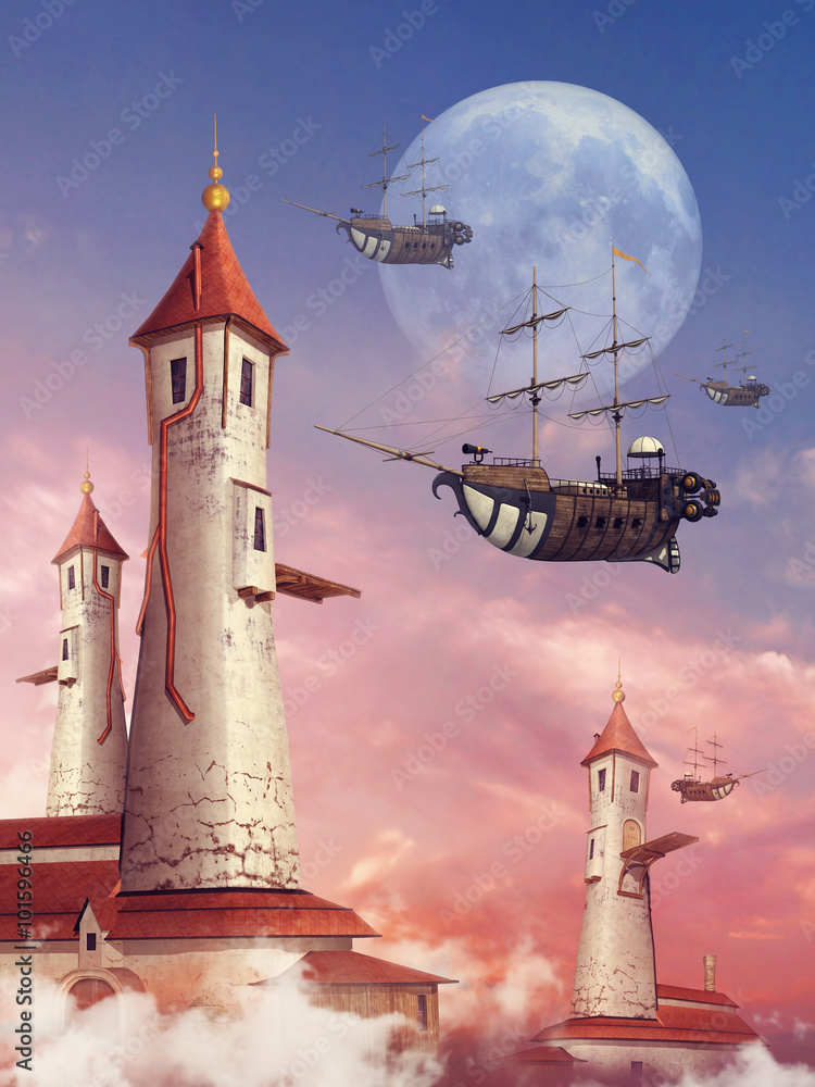 Obraz premium Baśniowe wieże i latające statki na tle księżyca