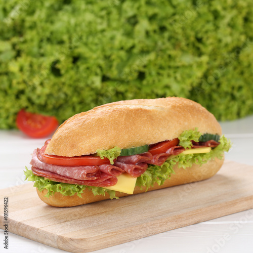 Gesunde Ernährung Sandwich Baguette belegt mit Salami
