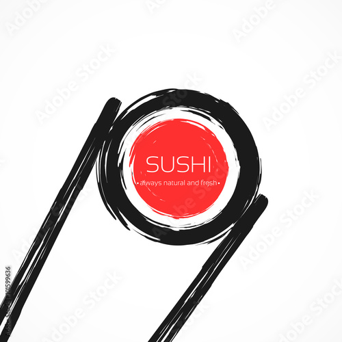 Chopsticks Holding Sushi Roll Frame. Concept illustration of snack, sushi, exotic nutrition,  sea food. Template for sushi restaurant, cafe, delivery or your business works.