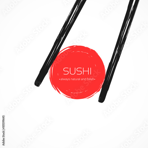 Chopsticks Holding Sushi Roll Frame. Concept illustration of snack, sushi, exotic nutrition, sea food. Template for sushi restaurant, cafe, delivery or your business works.