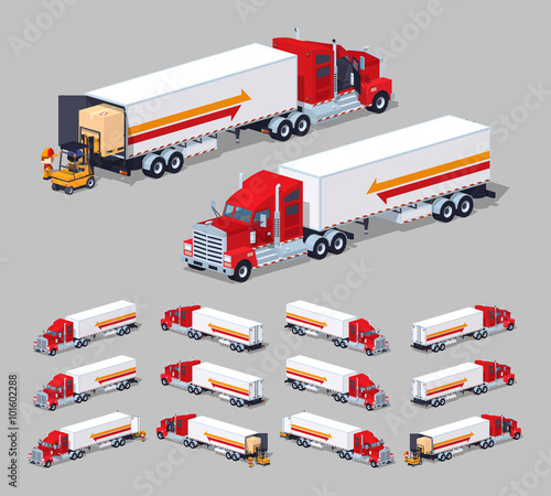 Heavy american truck with the trailer. 3D lowpoly isometric vector illustration. The set of objects isolated against the grey background and shown from different sides