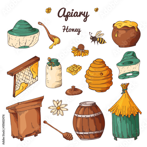 Set of honey elements. Apiary icons for your design. Vector sketches, sweet natural food