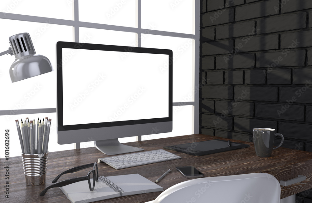 Fototapeta premium 3D illustration PC screen on table in office, Workspace