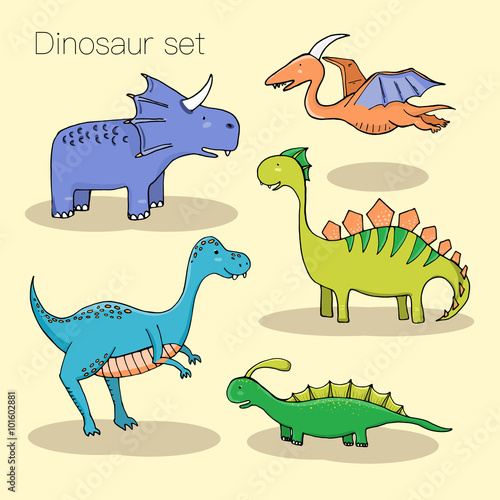 Set of different cute dinosaurs  mountauns and eggs in cartoon s