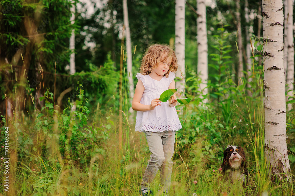 cute child girl playing with leaves in summer forest with her dog. Nature exploration with kids. Outdoor rural activities. cute child girl playing with leaves in summer forest with her dog. Nature exploration with kids. Outdoor rural activities.