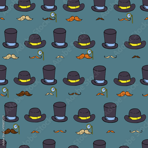 Seamless pattern with gentlemen elements, hats and mustache.