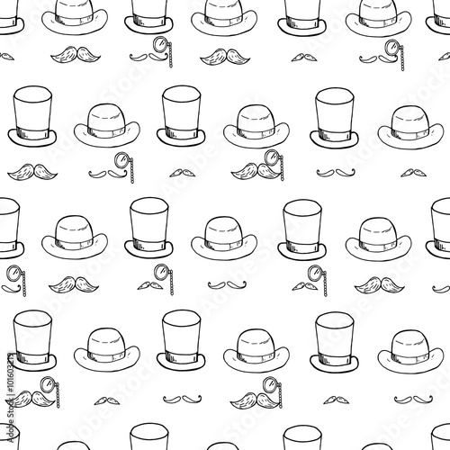 Seamless pattern with gentlemen elements, hats and mustache.